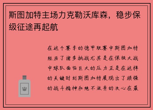 斯图加特主场力克勒沃库森，稳步保级征途再起航